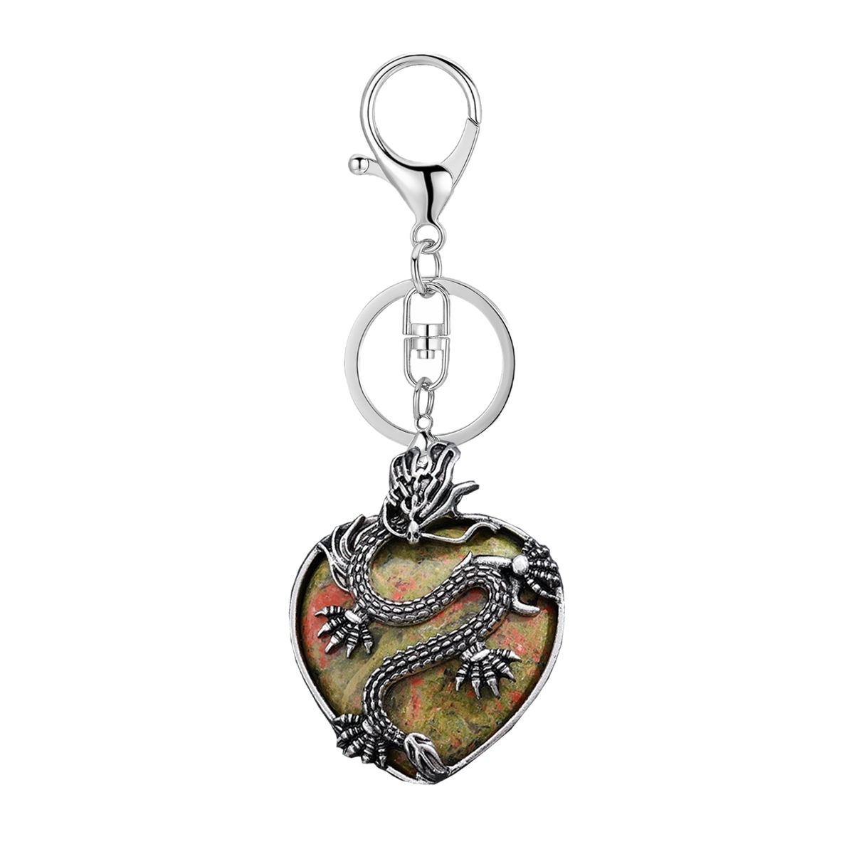 Antique Silver Dragon 30MM Heart Gemstone Pendant (32x42mm) Necklace with 45CM Black Cord