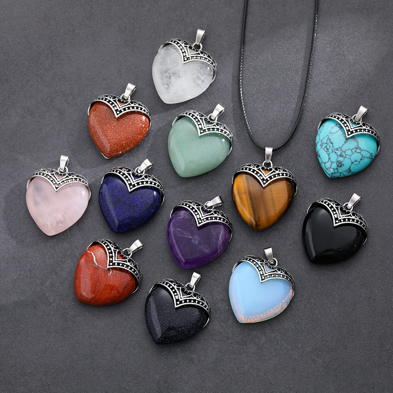 Gemstone 30MM Heart Antique Silver Double Dragon Pendant (32x38mm) for DIY Making Jewelry