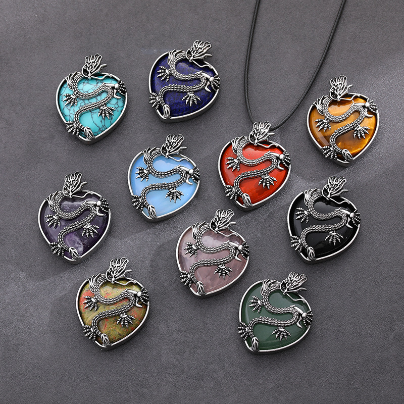 Antique Silver Dragon 30MM Heart Gemstone Pendant (32x42mm) for DIY Making Jewelry