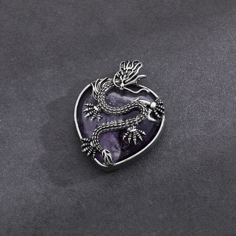 Antique Silver Dragon 30MM Heart Gemstone Pendant (32x42mm) Necklace with 45CM Black Cord