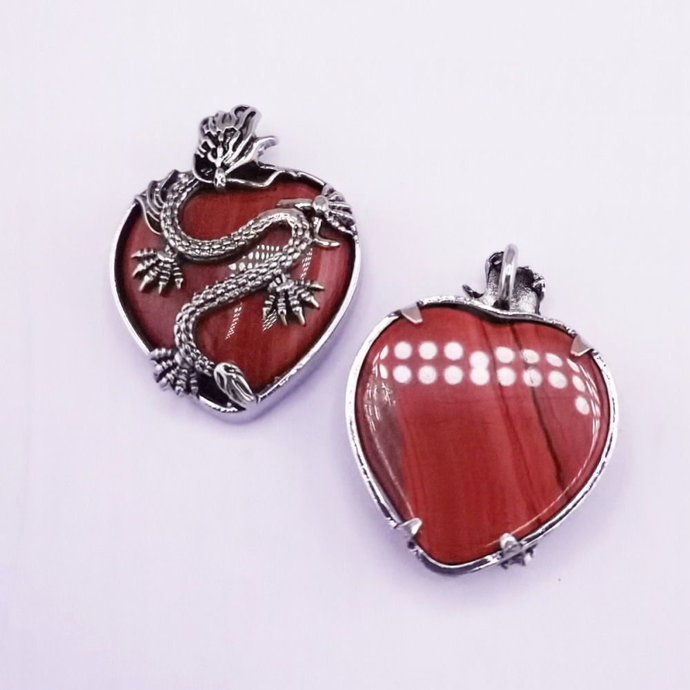 Antique Silver Dragon 30MM Heart Gemstone Pendant (32x42mm) Necklace with 45CM Black Cord