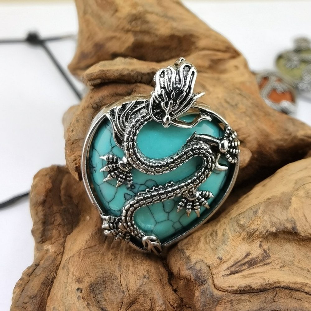 Antique Silver Dragon 30MM Heart Gemstone Pendant (32x42mm) Necklace with 45CM Black Cord