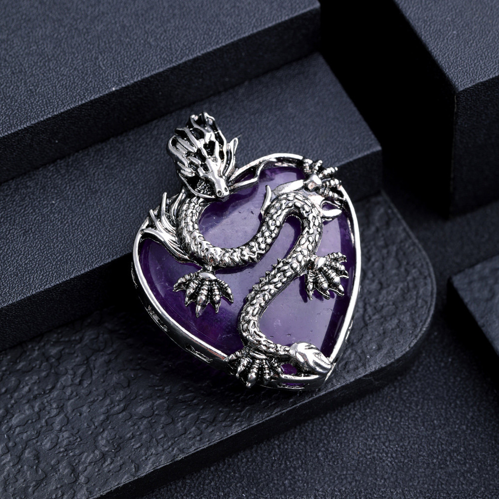Antique Silver Dragon 30MM Heart Gemstone Pendant (32x42mm) Necklace with 45CM Black Cord