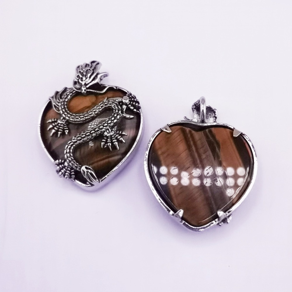 Antique Silver Dragon 30MM Heart Gemstone Pendant (32x42mm) Necklace with 45CM Black Cord