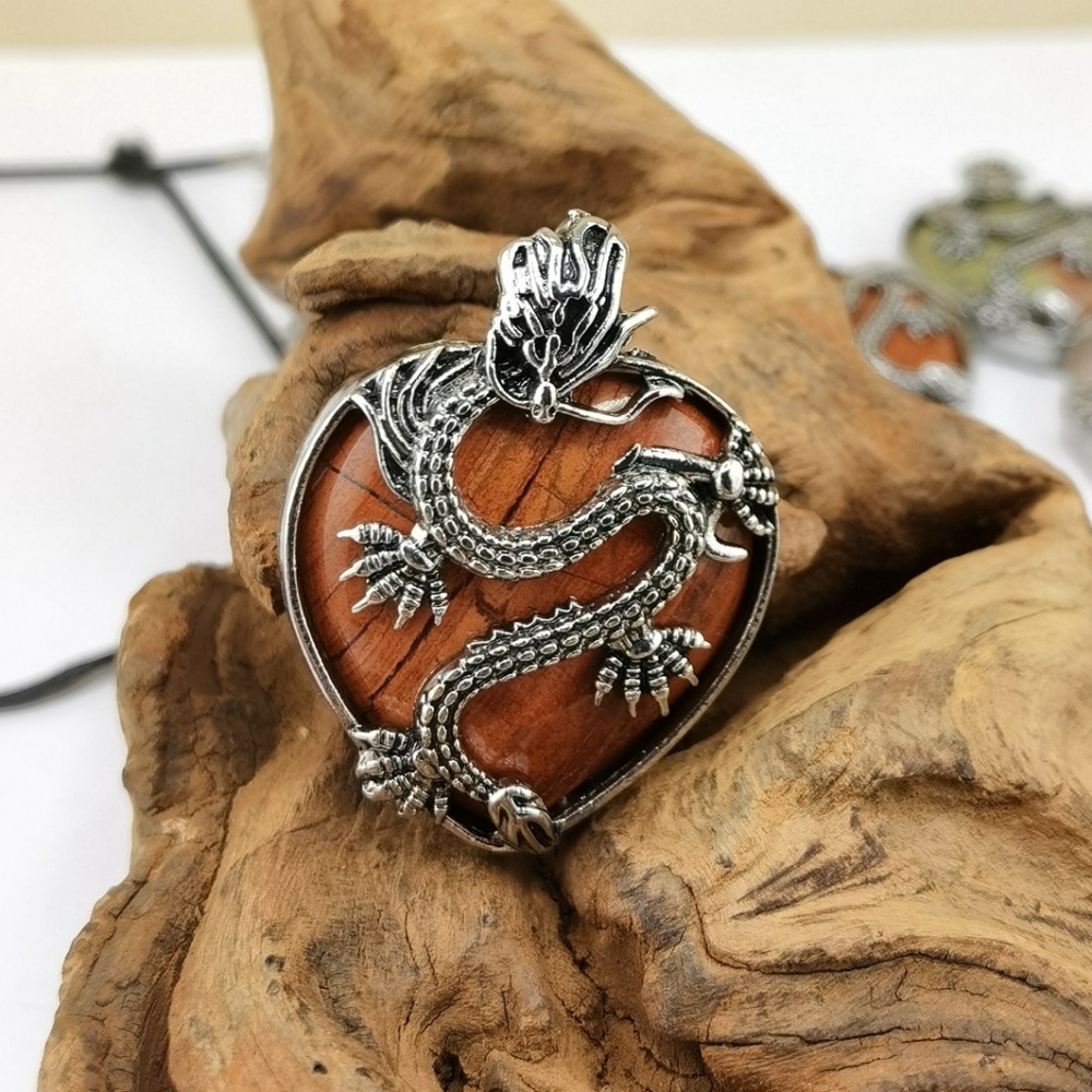 Antique Silver Dragon 30MM Heart Gemstone Pendant (32x42mm) Necklace with 45CM Black Cord