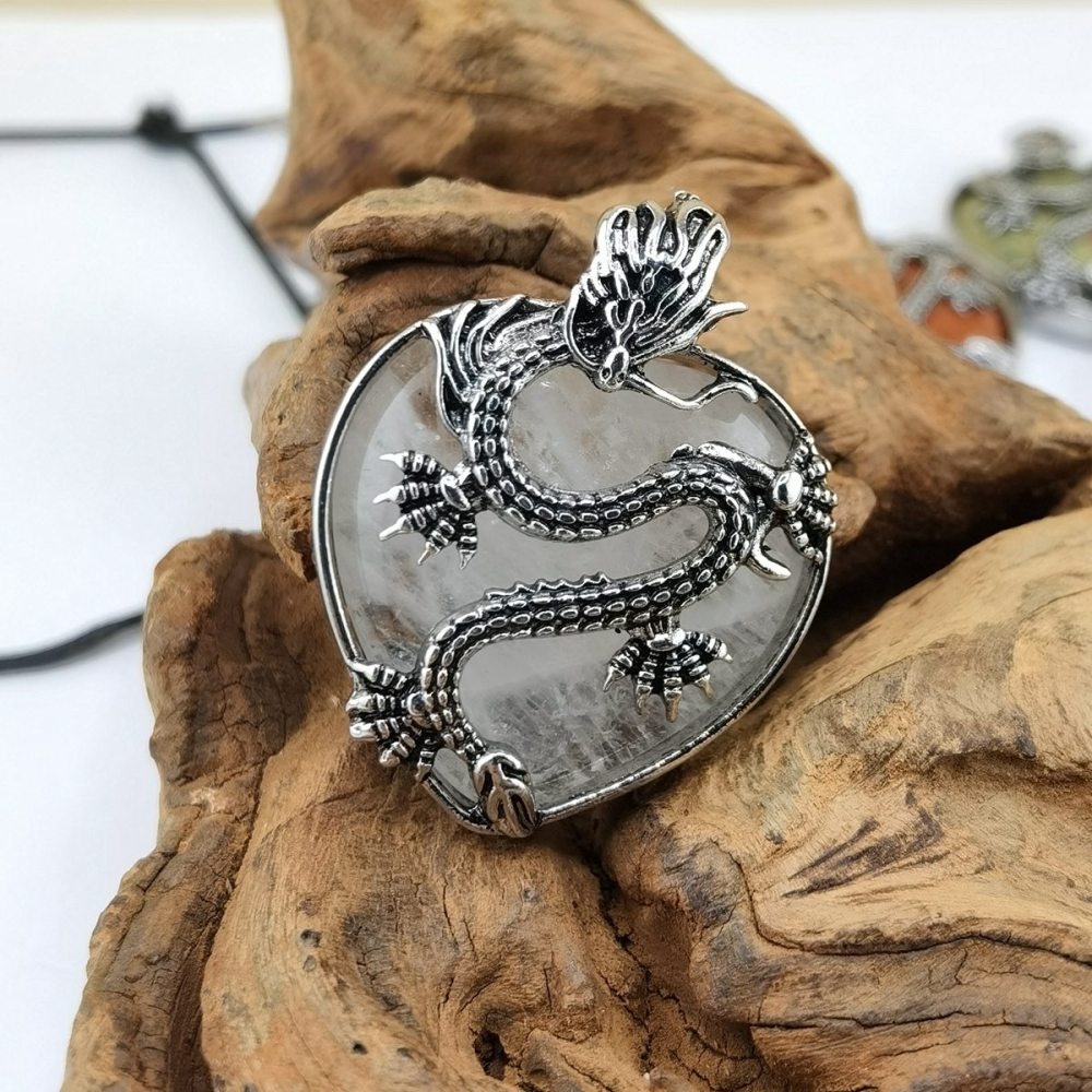 Antique Silver Dragon 30MM Heart Gemstone Pendant (32x42mm) Necklace with 45CM Black Cord