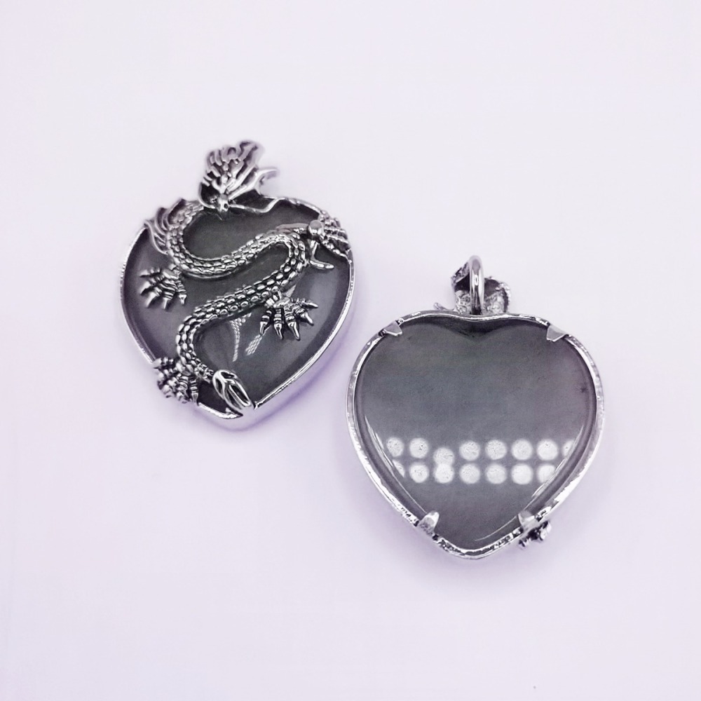 Antique Silver Dragon 30MM Heart Gemstone Pendant (32x42mm) Necklace with 45CM Black Cord