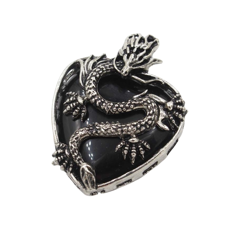 Antique Silver Dragon 30MM Heart Gemstone Pendant (32x42mm) Necklace with 45CM Black Cord