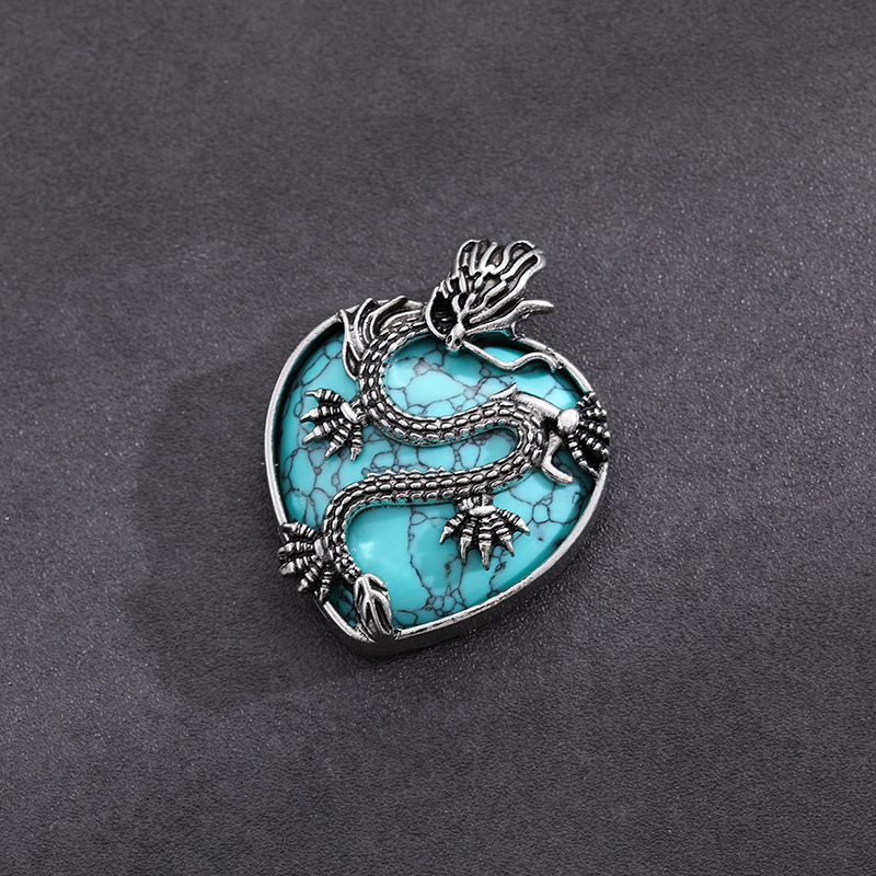 Antique Silver Dragon 30MM Heart Gemstone Pendant (32x42mm) Necklace with 45CM Black Cord