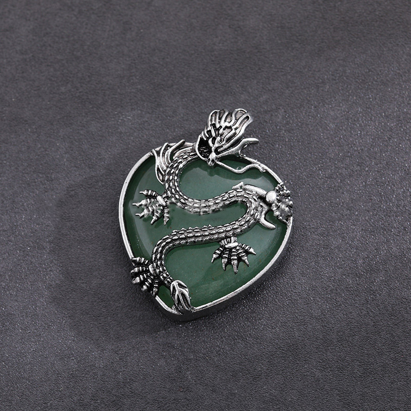 Antique Silver Dragon 30MM Heart Gemstone Pendant (32x42mm) Necklace with 45CM Black Cord