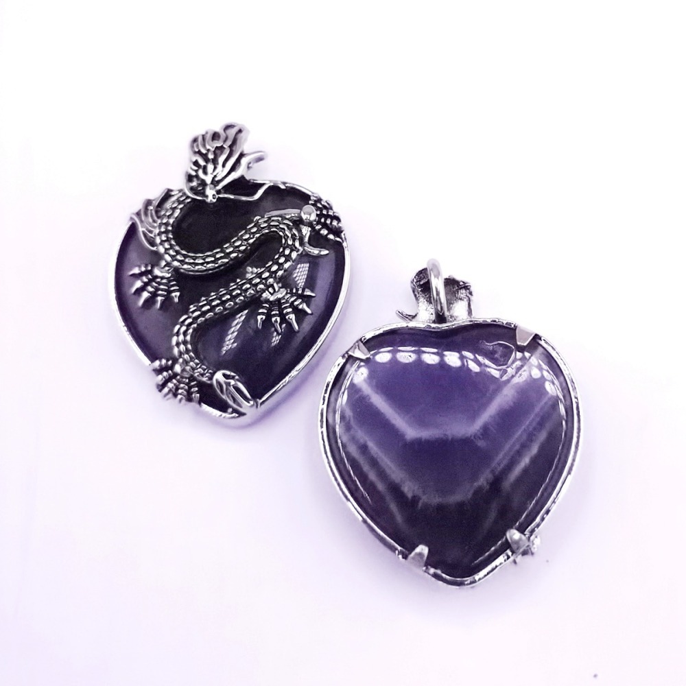 Antique Silver Dragon 30MM Heart Gemstone Pendant (32x42mm) Necklace with 45CM Black Cord