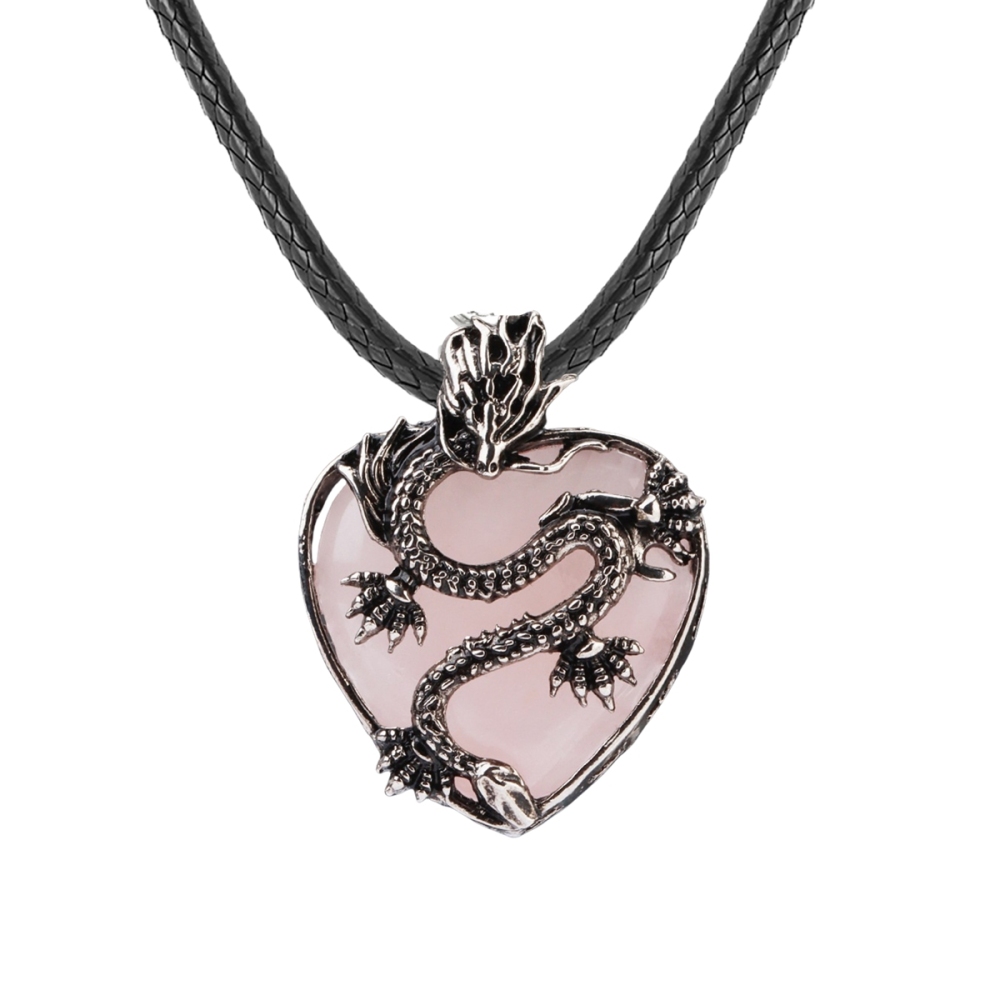 Antique Silver Dragon 30MM Heart Gemstone Pendant (32x42mm) Necklace with 45CM Black Cord