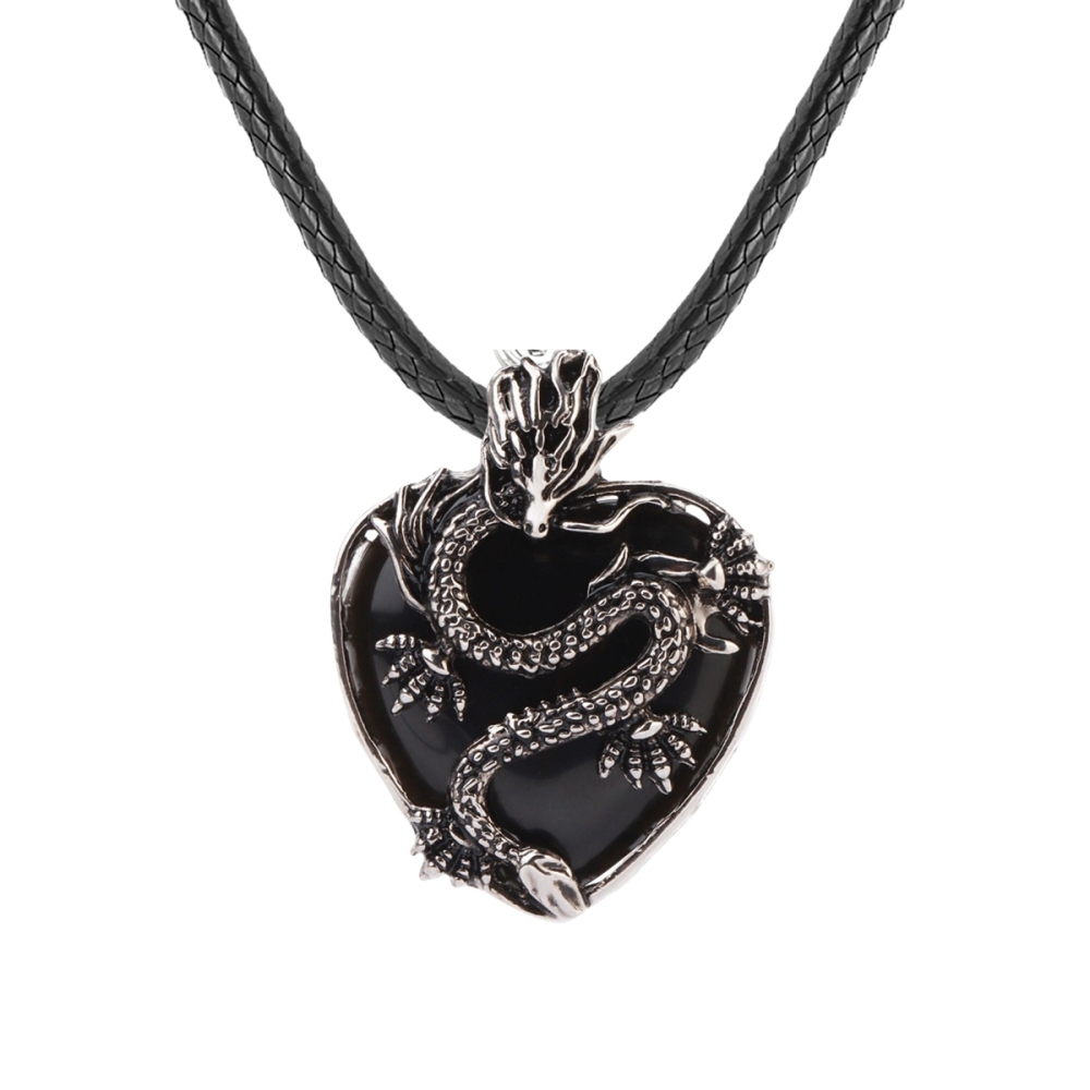Antique Silver Dragon 30MM Heart Gemstone Pendant (32x42mm) Necklace with 45CM Black Cord