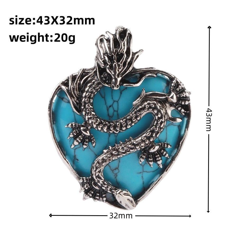 Antique Silver Dragon 30MM Heart Gemstone Pendant (32x42mm) for DIY Making Jewelry