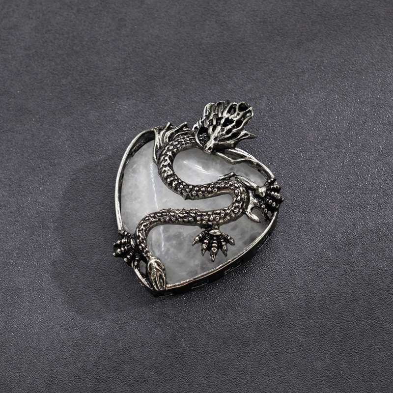 Antique Silver Dragon 30MM Heart Gemstone Pendant (32x42mm) Necklace with 45CM Black Cord