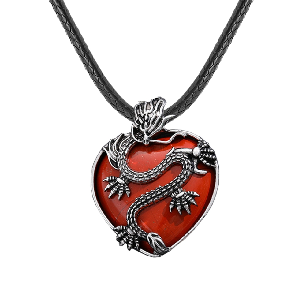 Antique Silver Dragon 30MM Heart Gemstone Pendant (32x42mm) Necklace with 45CM Black Cord