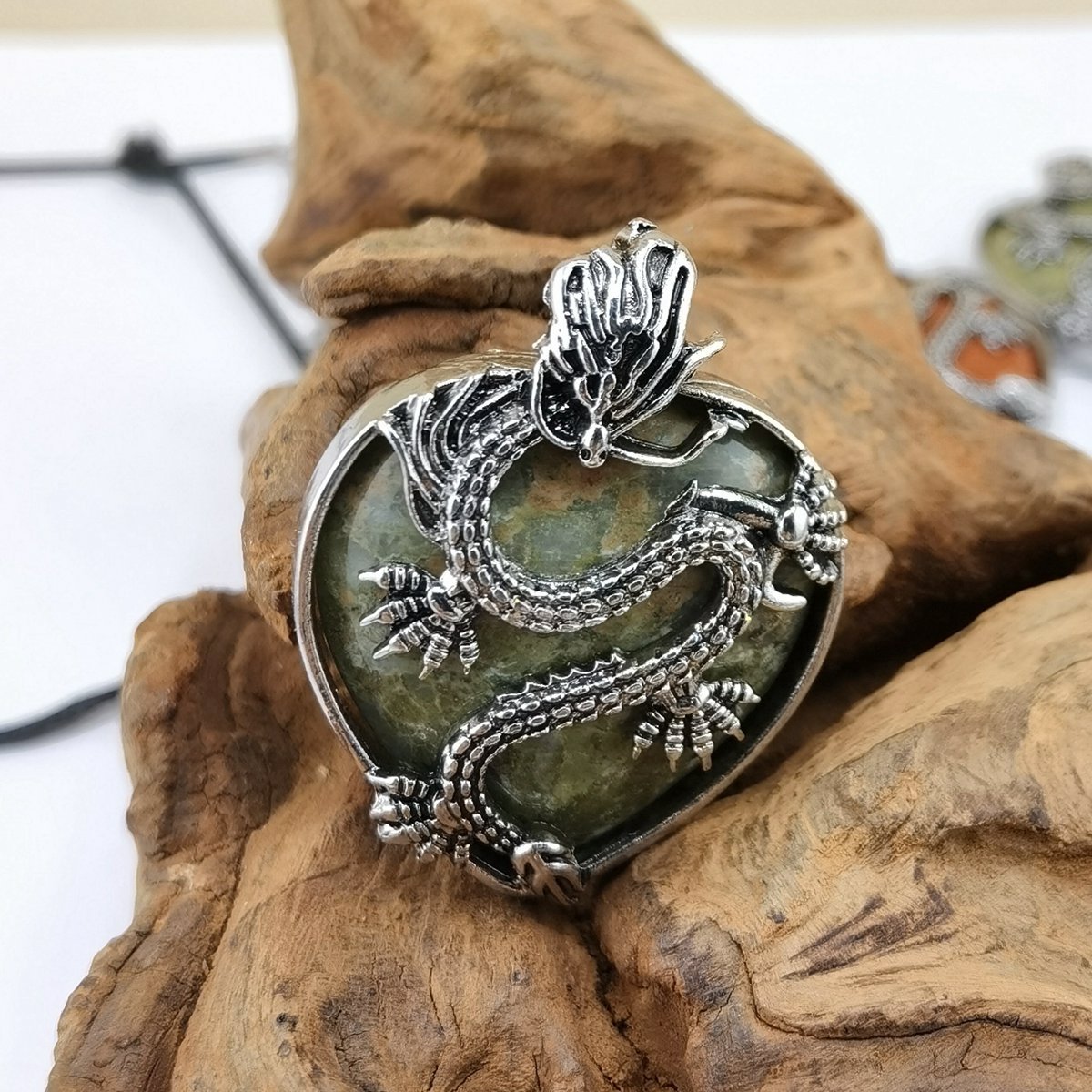 Antique Silver Dragon 30MM Heart Gemstone Pendant (32x42mm) Necklace with 45CM Black Cord
