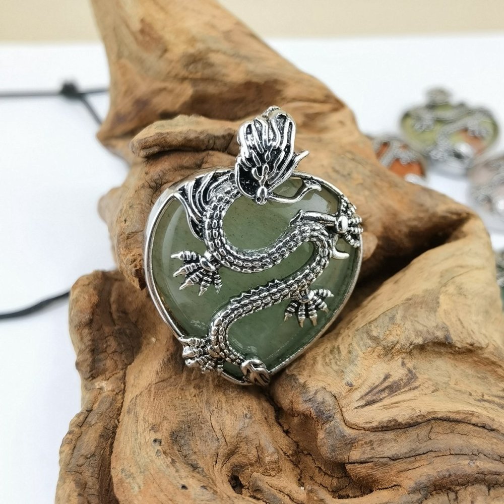 Antique Silver Dragon 30MM Heart Gemstone Pendant (32x42mm) Necklace with 45CM Black Cord