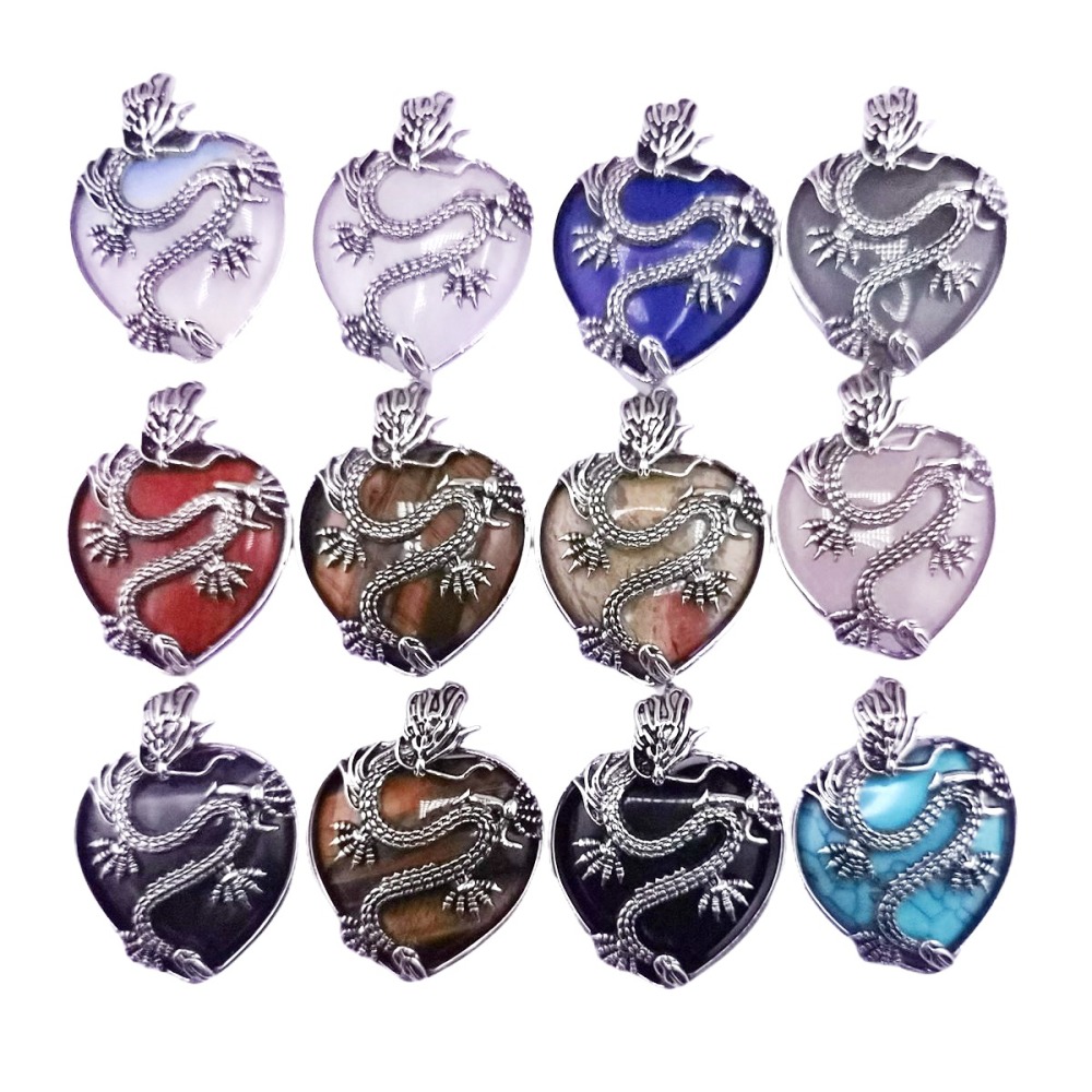 Antique Silver Dragon 30MM Heart Gemstone Pendant (32x42mm) for DIY Making Jewelry