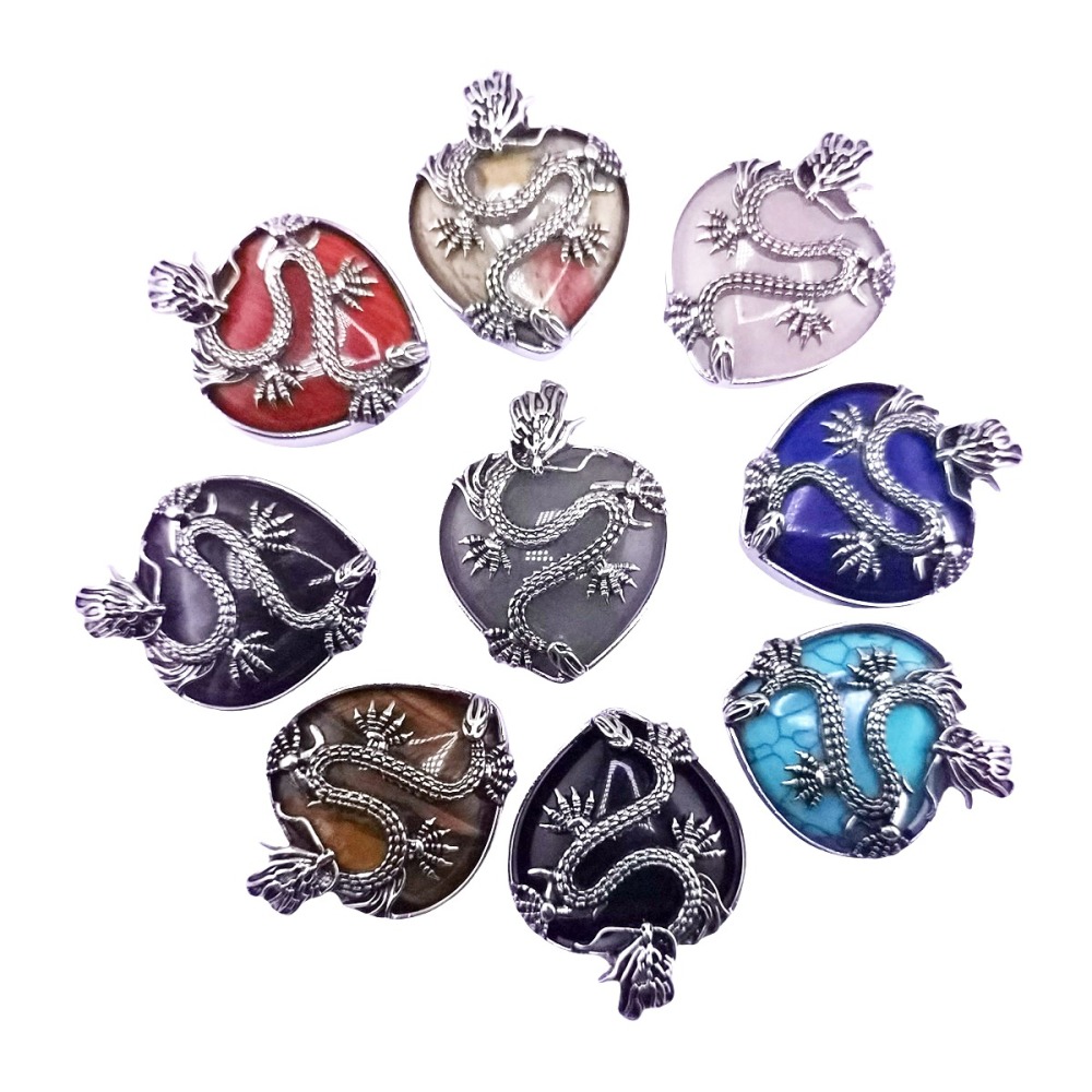 Antique Silver Dragon 30MM Heart Gemstone Pendant (32x42mm) for DIY Making Jewelry