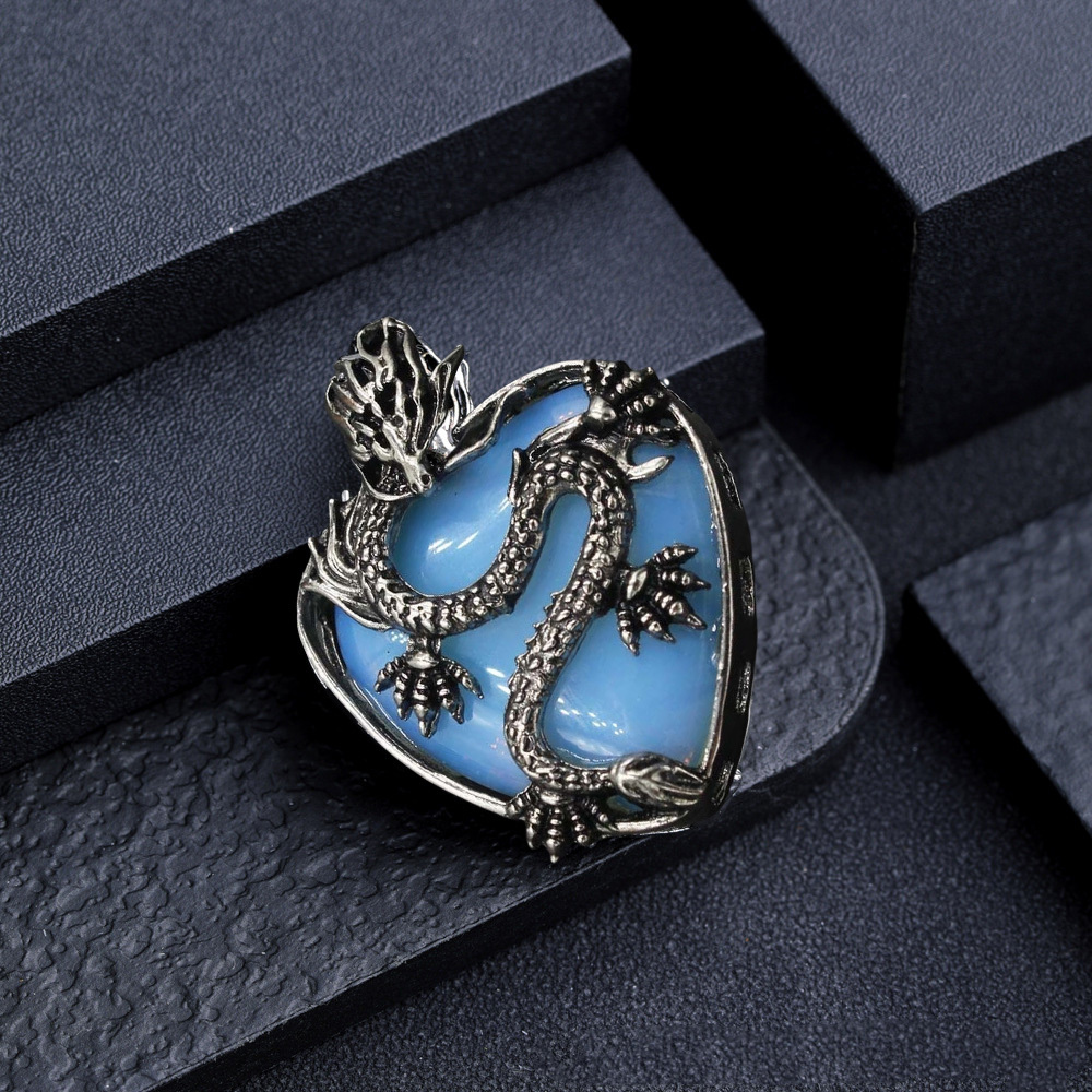 Antique Silver Dragon 30MM Heart Gemstone Pendant (32x42mm) Necklace with 45CM Black Cord