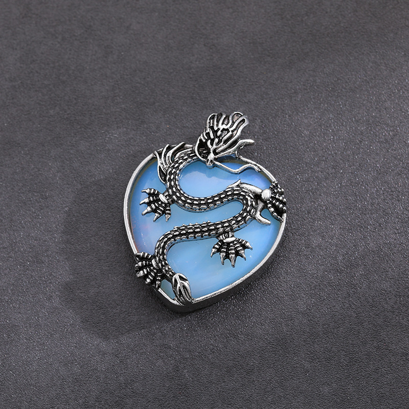 Antique Silver Dragon 30MM Heart Gemstone Pendant (32x42mm) Necklace with 45CM Black Cord