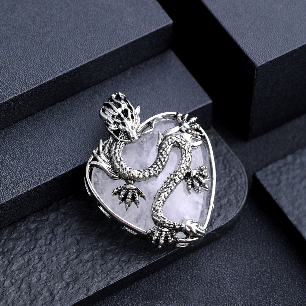 Antique Silver Dragon 30MM Heart Gemstone Pendant (32x42mm) Necklace with 45CM Black Cord