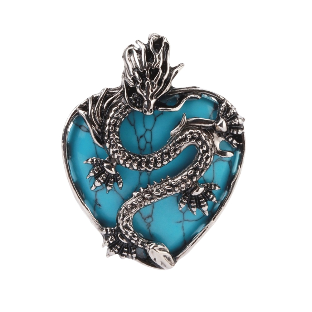 Antique Silver Dragon 30MM Heart Gemstone Pendant (32x42mm) Necklace with 45CM Black Cord