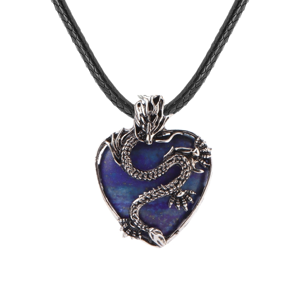 Antique Silver Dragon 30MM Heart Gemstone Pendant (32x42mm) Necklace with 45CM Black Cord