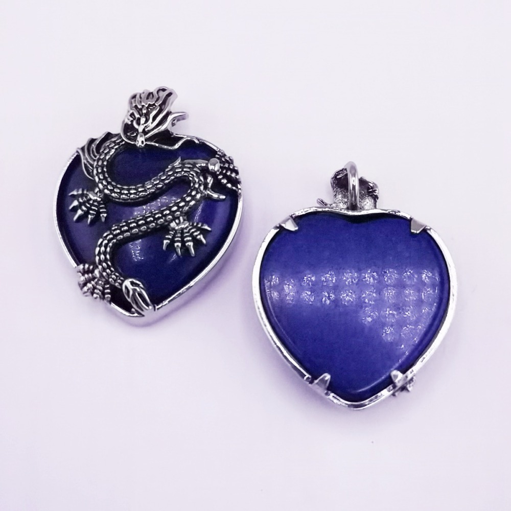 Antique Silver Dragon 30MM Heart Gemstone Pendant (32x42mm) Necklace with 45CM Black Cord