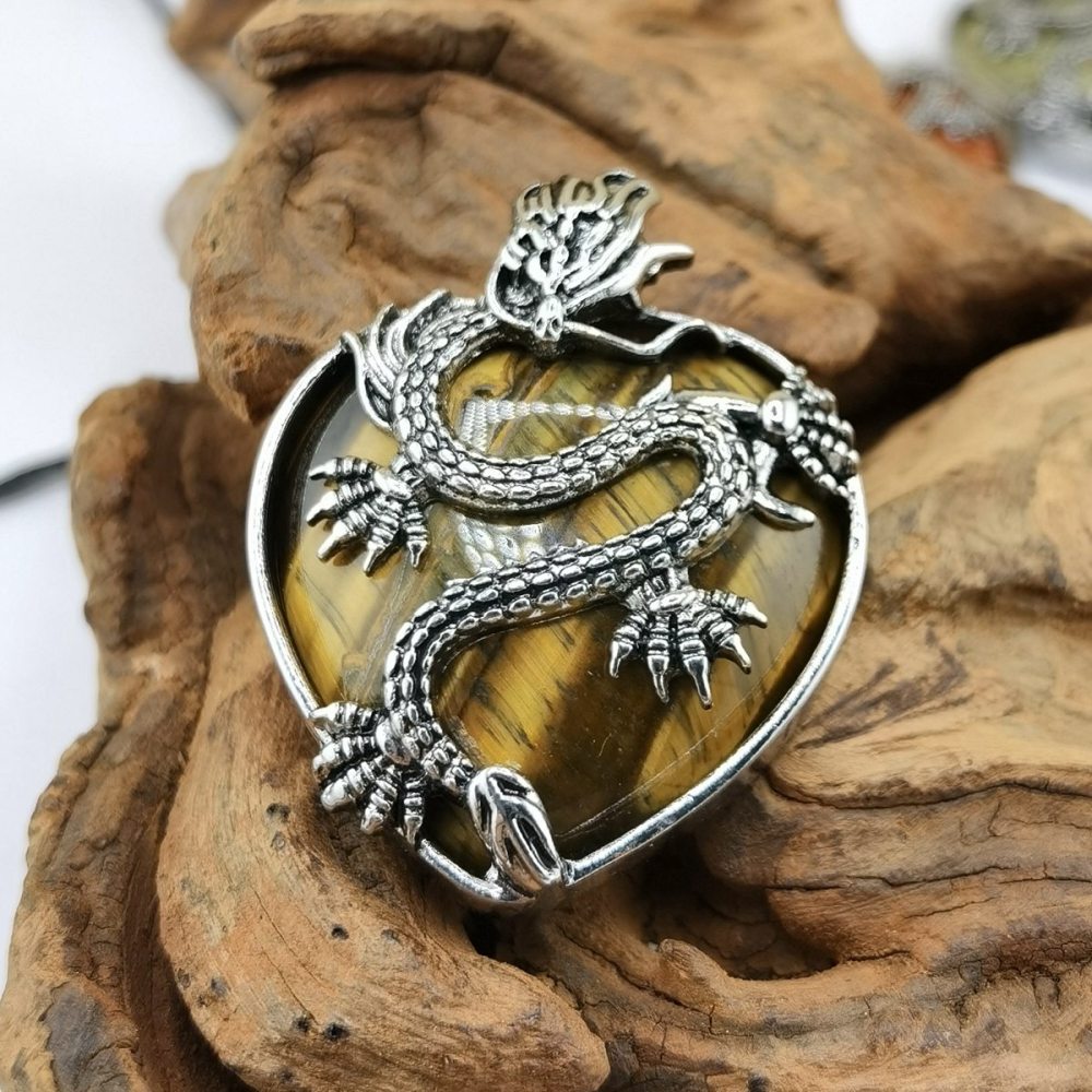 Antique Silver Dragon 30MM Heart Gemstone Pendant (32x42mm) Necklace with 45CM Black Cord