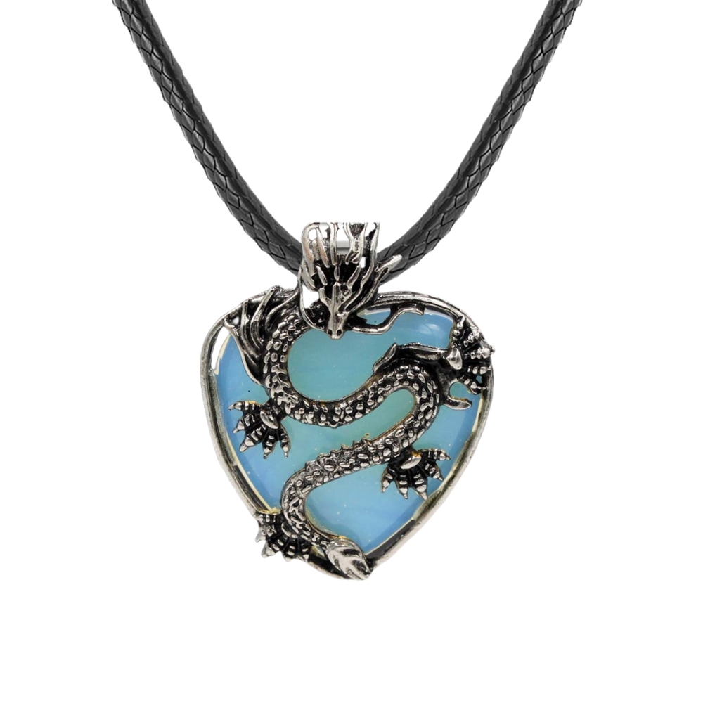 Antique Silver Dragon 30MM Heart Gemstone Pendant (32x42mm) Necklace with 45CM Black Cord