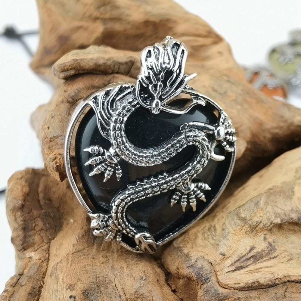 Antique Silver Dragon 30MM Heart Gemstone Pendant (32x42mm) Necklace with 45CM Black Cord