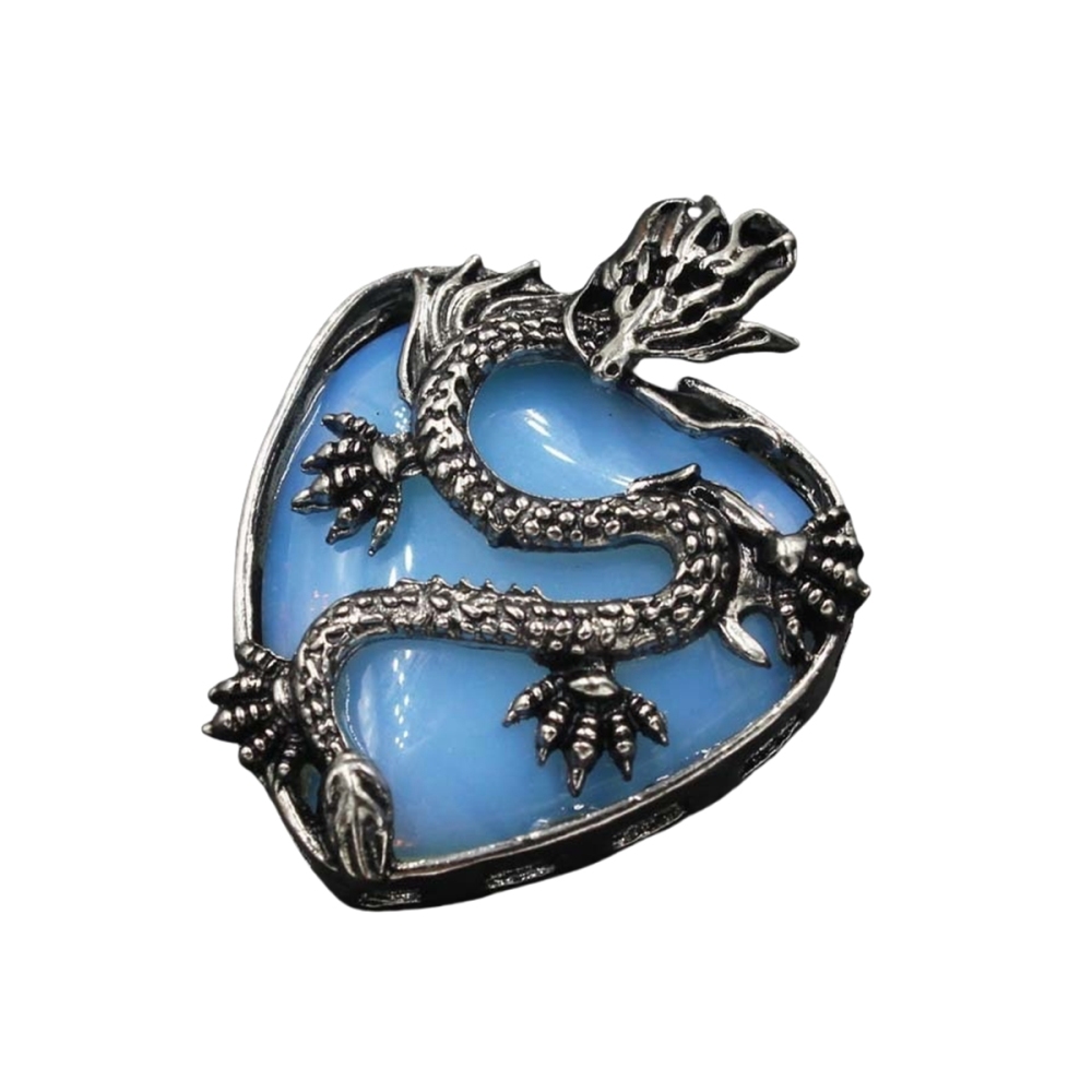 Antique Silver Dragon 30MM Heart Gemstone Pendant (32x42mm) Necklace with 45CM Black Cord