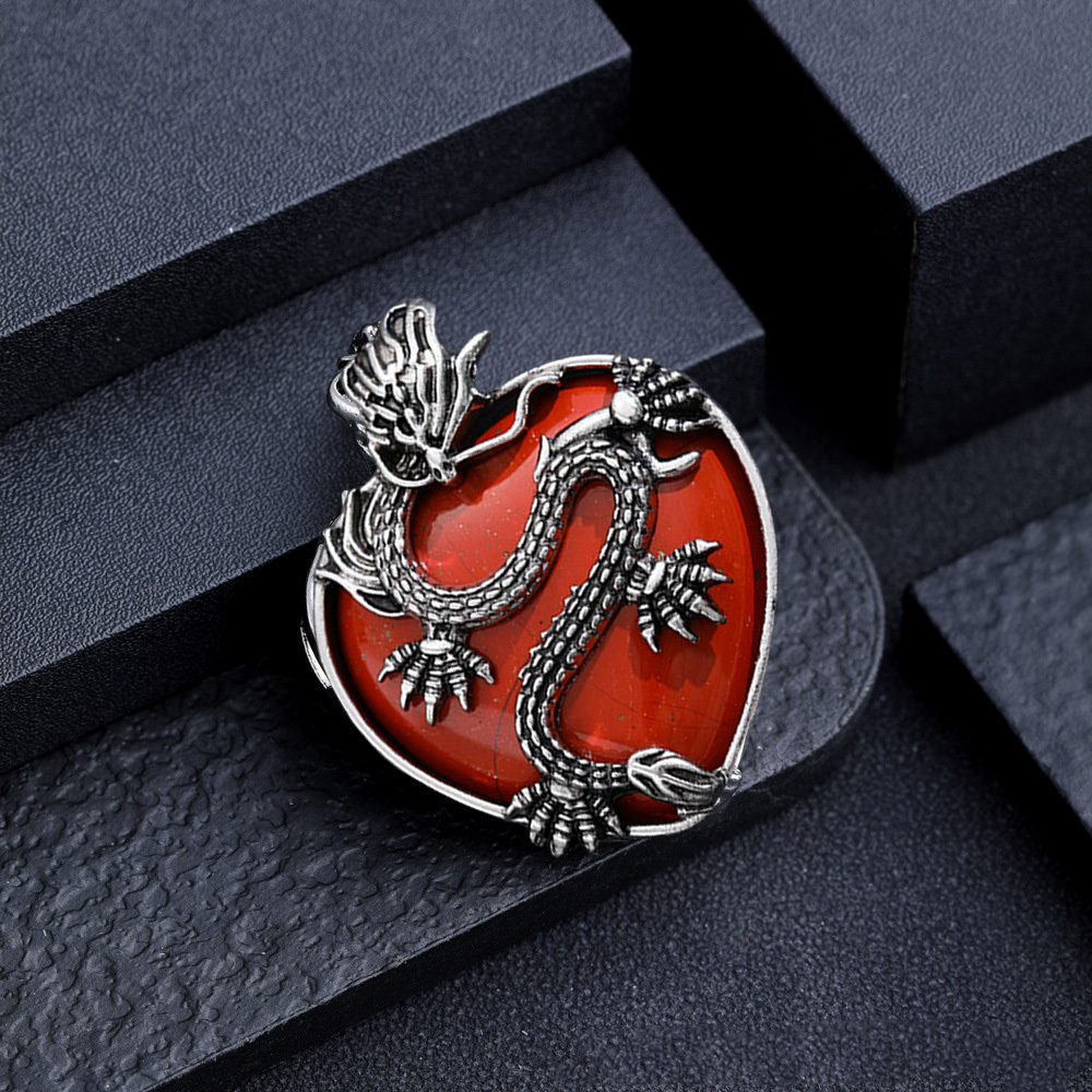 Antique Silver Dragon 30MM Heart Gemstone Pendant (32x42mm) Necklace with 45CM Black Cord