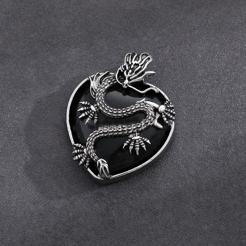 Antique Silver Dragon 30MM Heart Gemstone Pendant (32x42mm) Necklace with 45CM Black Cord
