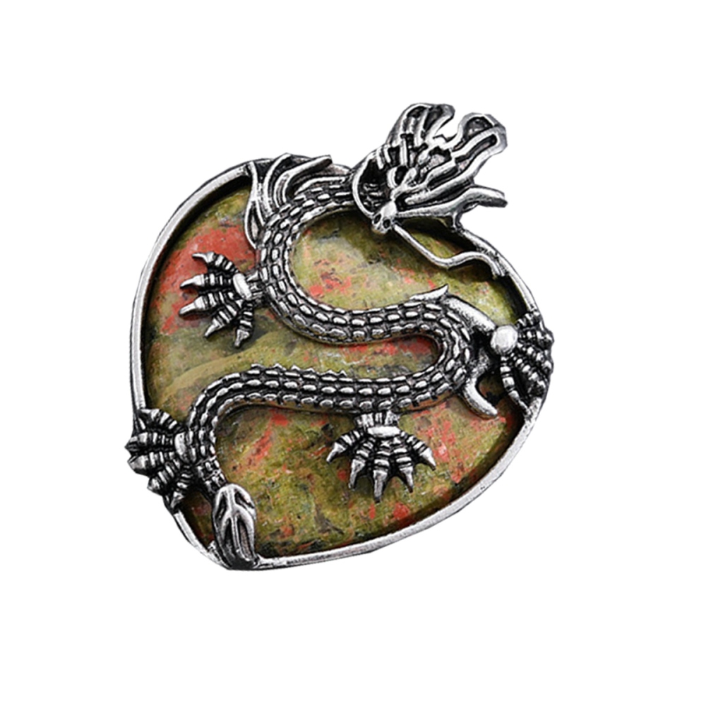Antique Silver Dragon 30MM Heart Gemstone Pendant (32x42mm) Necklace with 45CM Black Cord