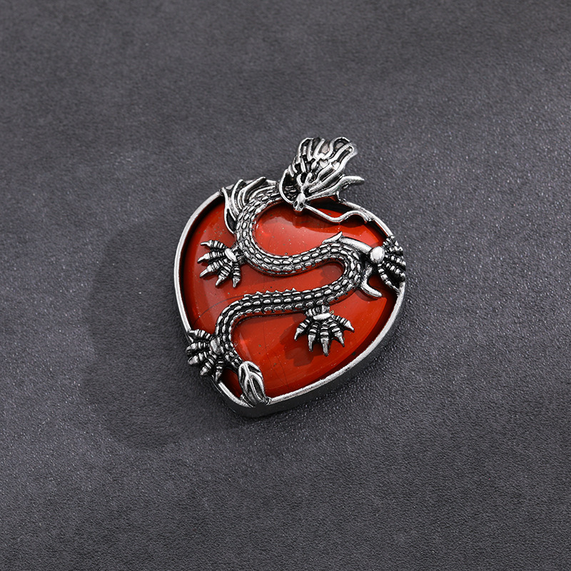 Antique Silver Dragon 30MM Heart Gemstone Pendant (32x42mm) Necklace with 45CM Black Cord