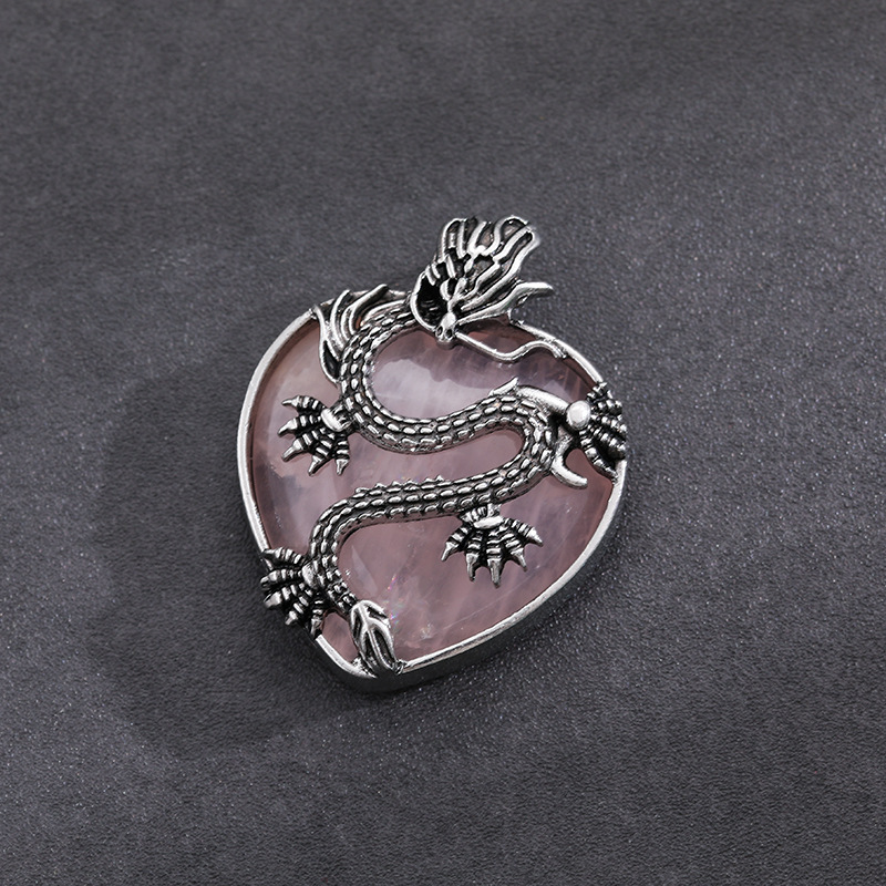 Antique Silver Dragon 30MM Heart Gemstone Pendant (32x42mm) Necklace with 45CM Black Cord