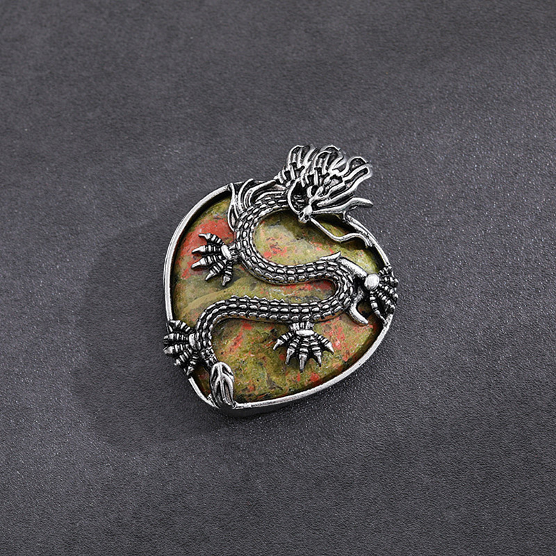 Antique Silver Dragon 30MM Heart Gemstone Pendant (32x42mm) Necklace with 45CM Black Cord