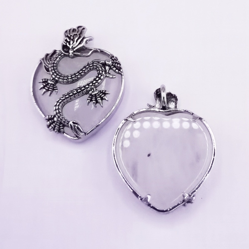 Antique Silver Dragon 30MM Heart Gemstone Pendant (32x42mm) Necklace with 45CM Black Cord