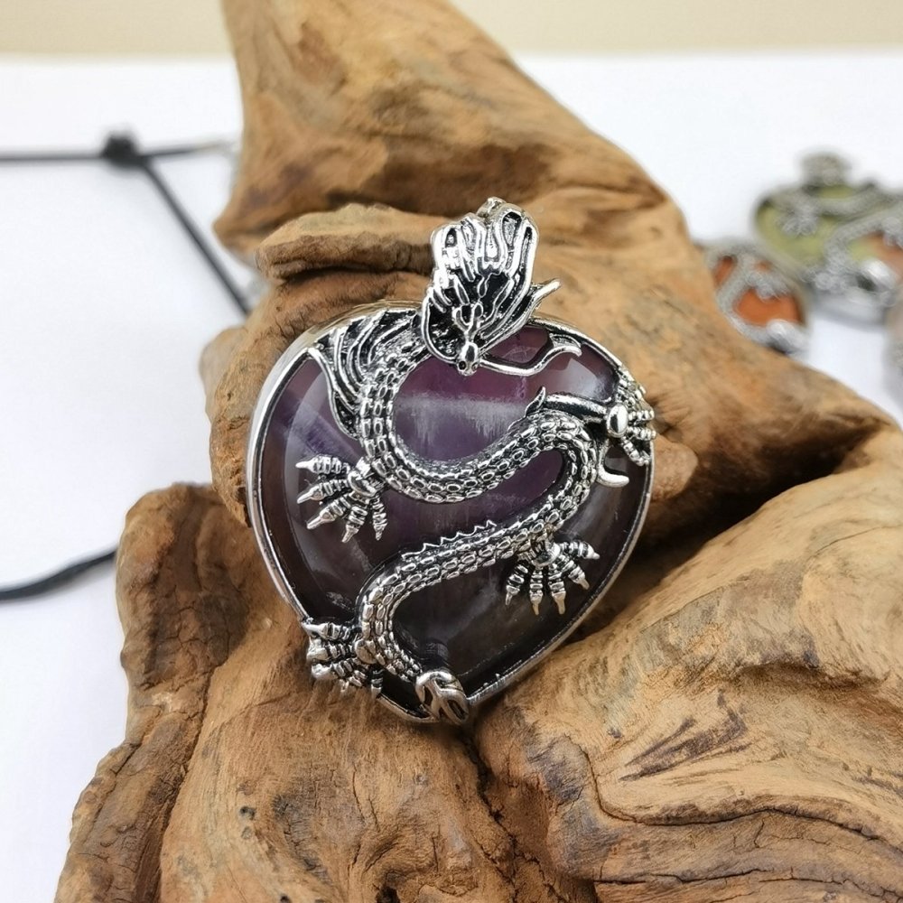Antique Silver Dragon 30MM Heart Gemstone Pendant (32x42mm) Necklace with 45CM Black Cord