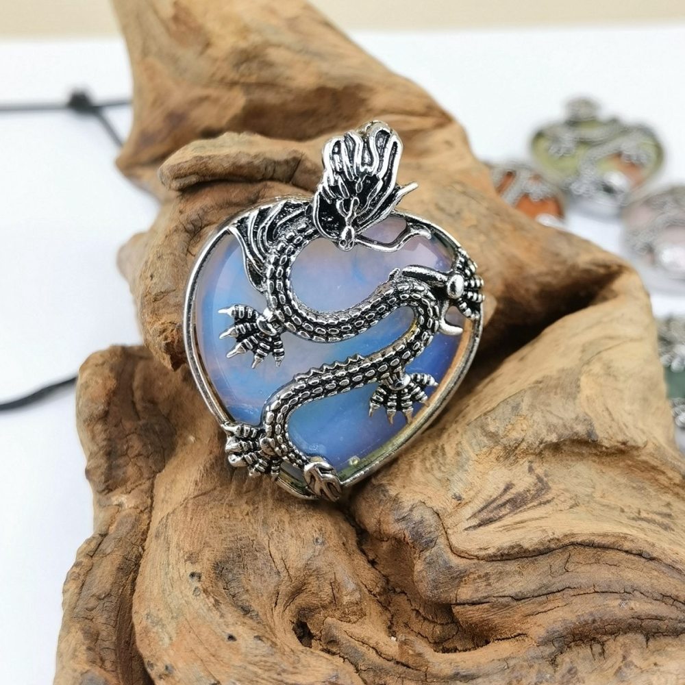 Antique Silver Dragon 30MM Heart Gemstone Pendant (32x42mm) Necklace with 45CM Black Cord
