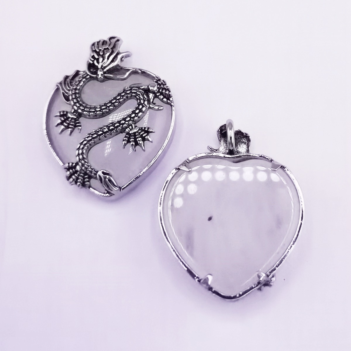Antique Silver Dragon 30MM Heart Gemstone Pendant (32x42mm) Necklace with 45CM Black Cord