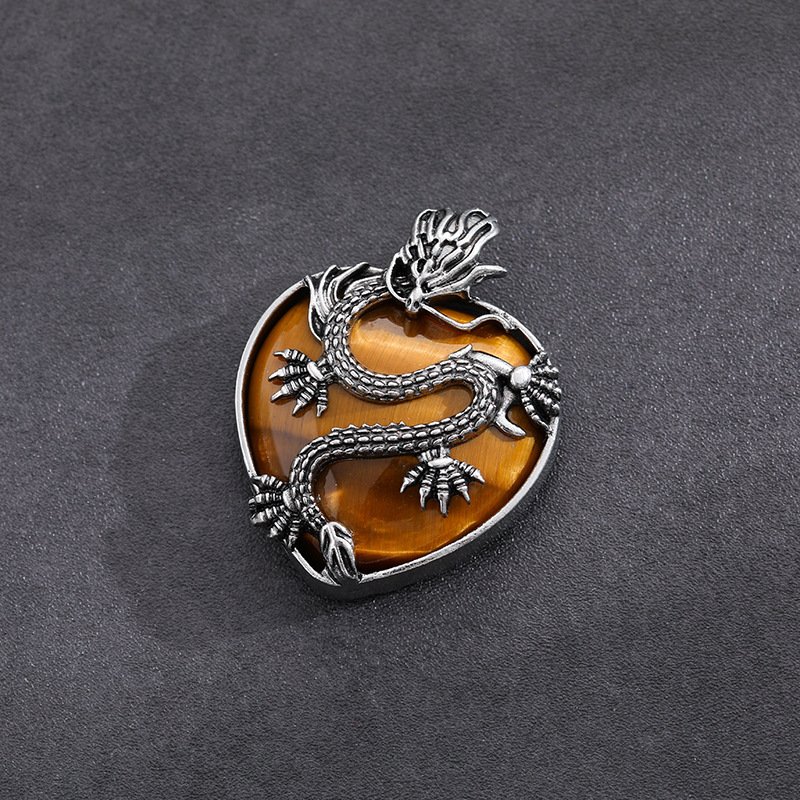 Antique Silver Dragon 30MM Heart Gemstone Pendant (32x42mm) Necklace with 45CM Black Cord