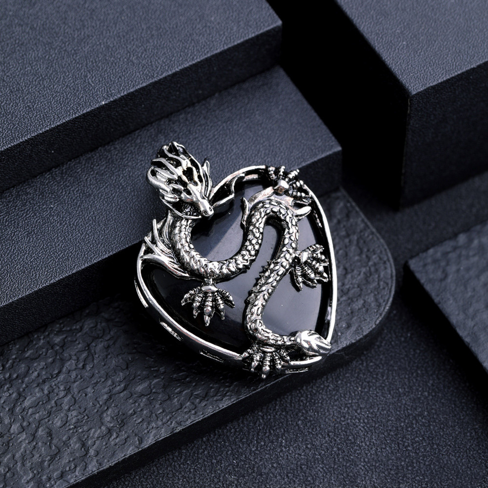 Antique Silver Dragon 30MM Heart Gemstone Pendant (32x42mm) Necklace with 45CM Black Cord
