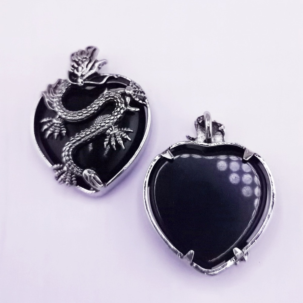 Antique Silver Dragon 30MM Heart Gemstone Pendant (32x42mm) Necklace with 45CM Black Cord