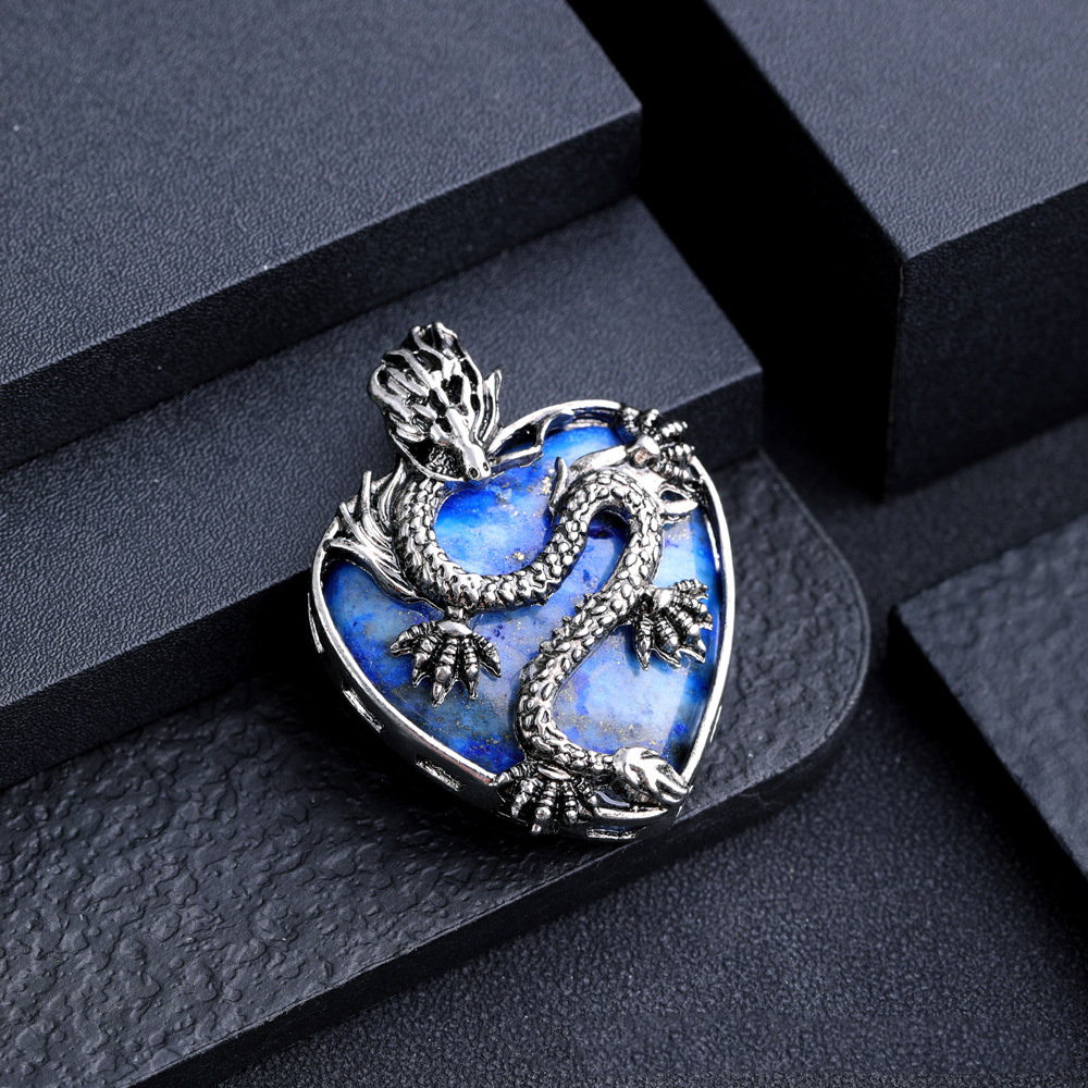 Antique Silver Dragon 30MM Heart Gemstone Pendant (32x42mm) Necklace with 45CM Black Cord