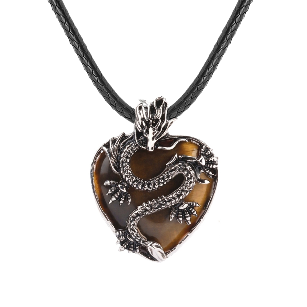 Antique Silver Dragon 30MM Heart Gemstone Pendant (32x42mm) Necklace with 45CM Black Cord