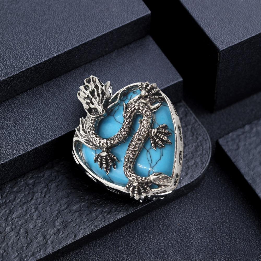 Antique Silver Dragon 30MM Heart Gemstone Pendant (32x42mm) Necklace with 45CM Black Cord